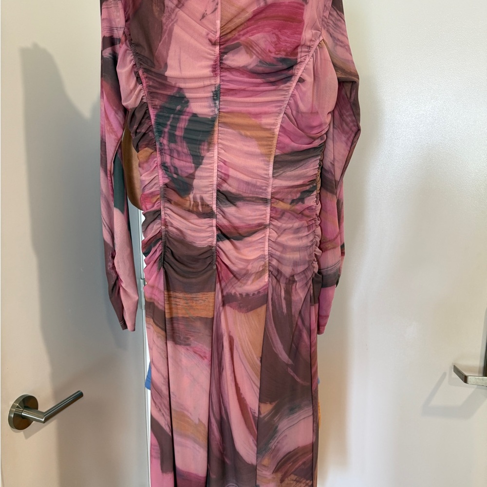 BY ANTHROPOLOGIE LONG-SLEEVE PRINTED MESH MIDI DRESS